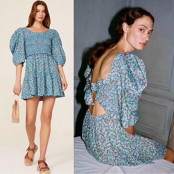 (Sold) SEA Liberty Strawberry Floral Puff Sleeve Smocked Tie Back Tiered Ruffle - Picture 4 of 13